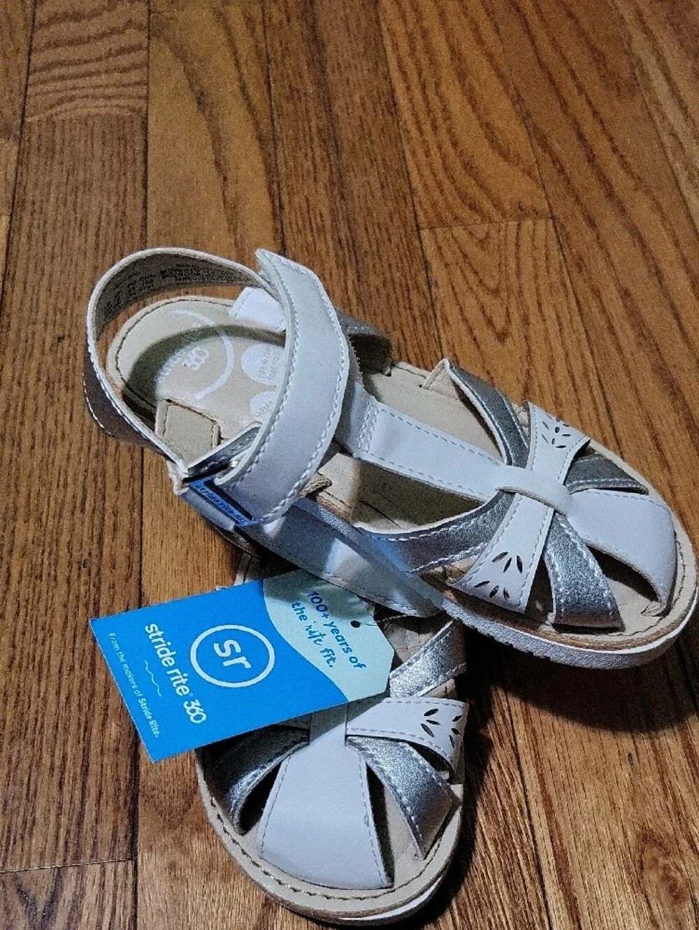 Stride Rite Girls White & Silver T-Strap Sandals